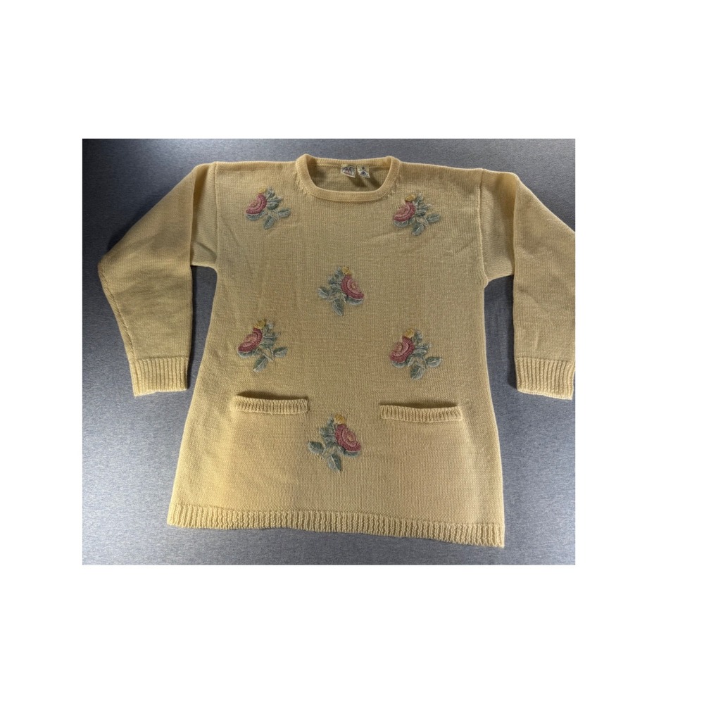 Vintage JG Hook 80s Wool Floral Embroidered Tunic Sweater Cream Yellow Medium